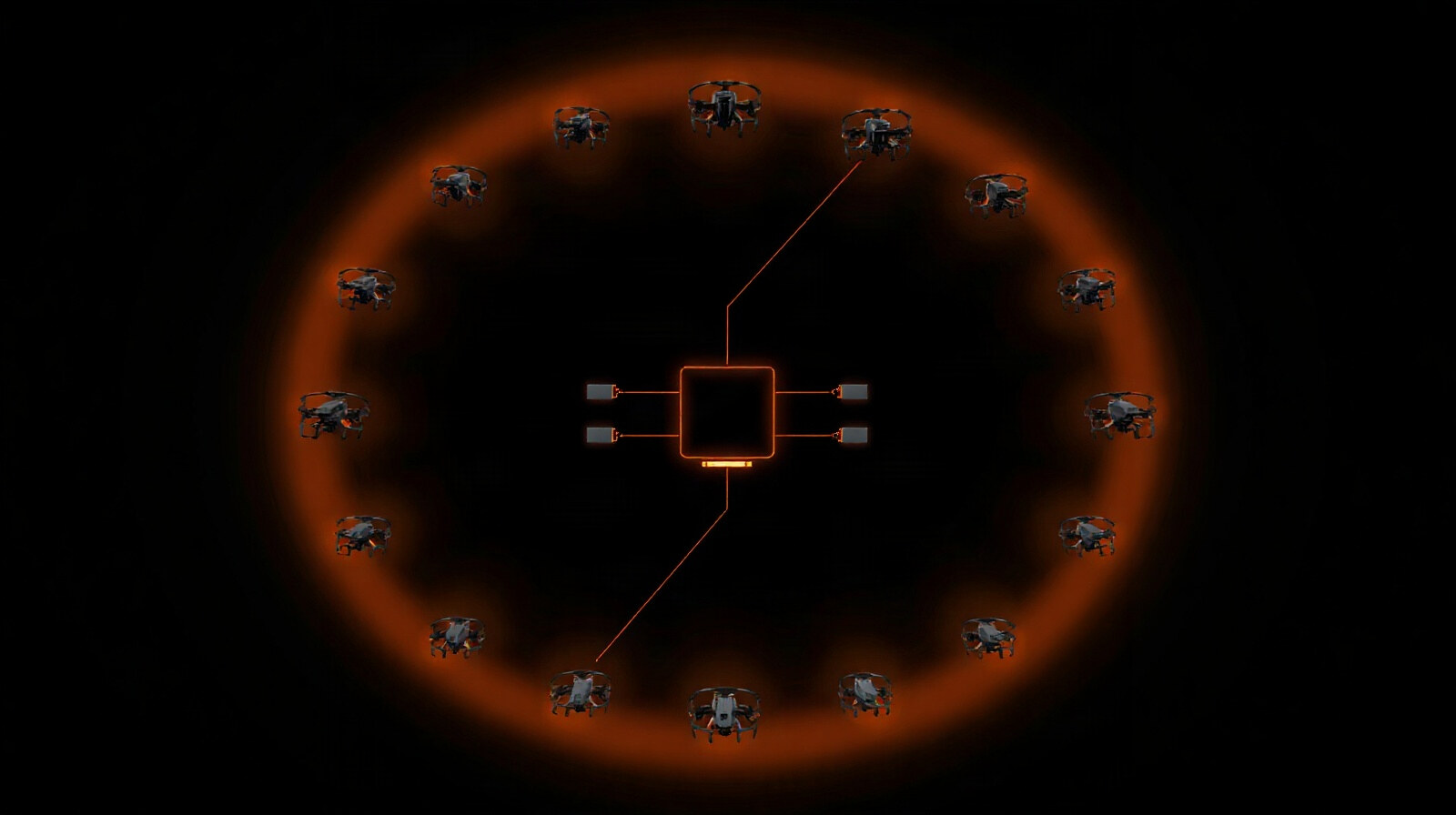 A ring of small drones around a central command node, connected by thin orange lines