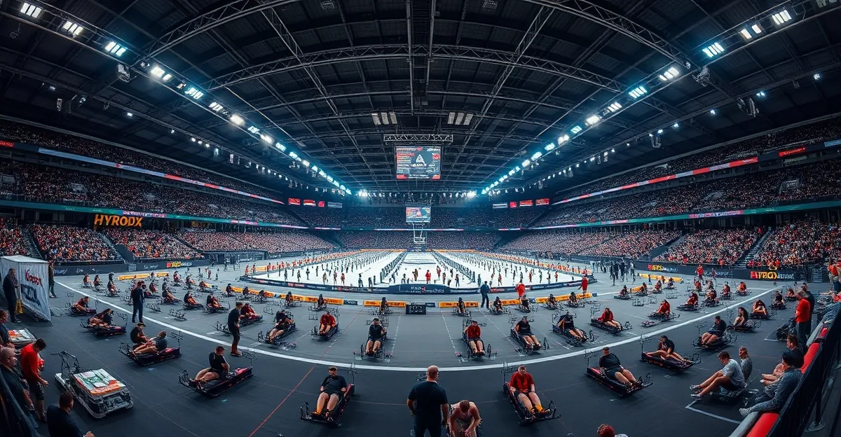 HYROX Wettkampf mit Athleten an funktionellen Fitnessstationen