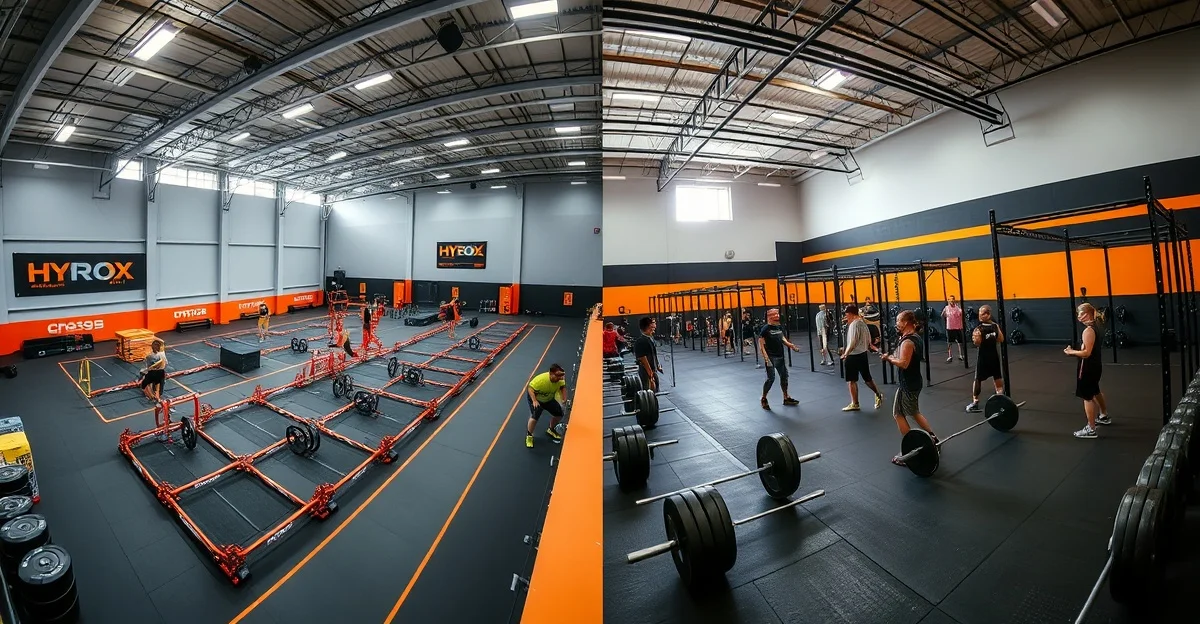 HYROX race arena with orange branding compared to a CrossFit training box