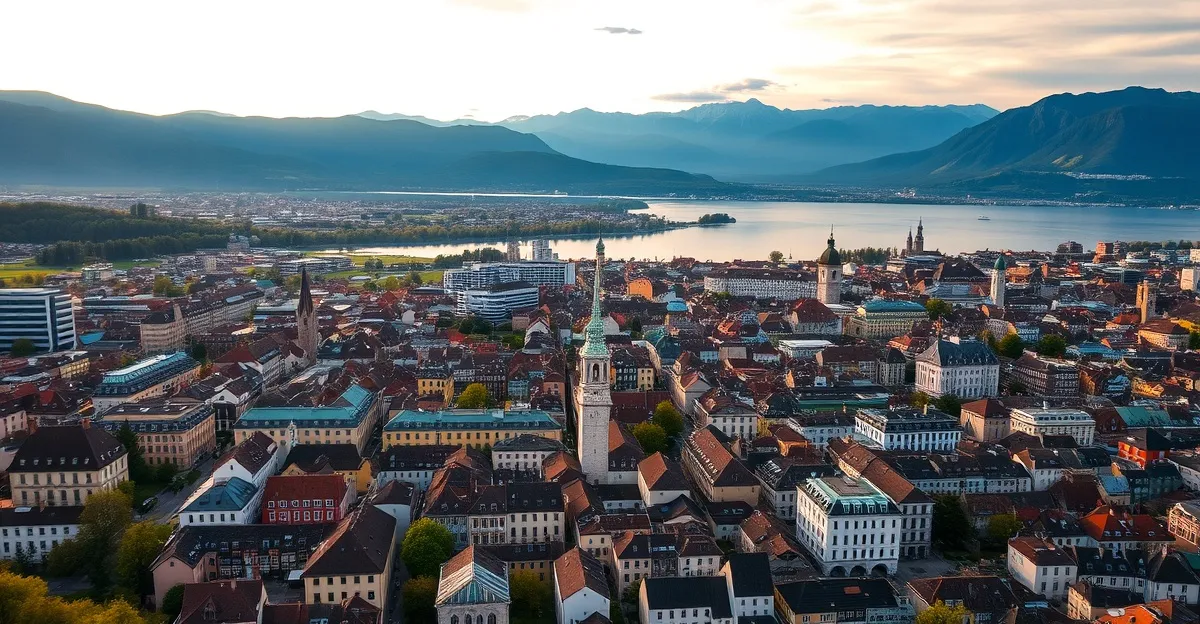 Zurich lakefront with Alps in the background