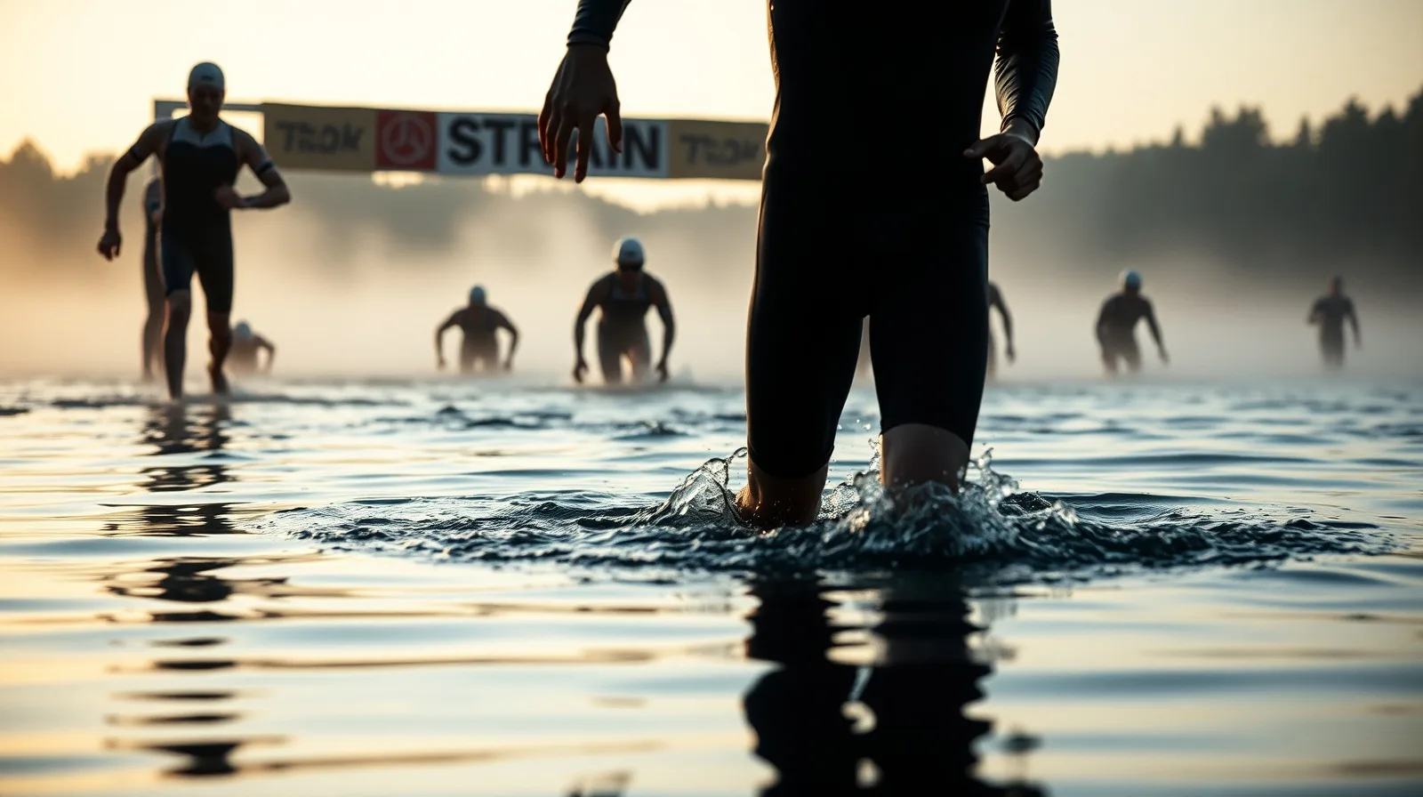 Sprint triathlon open water swim start at dawn