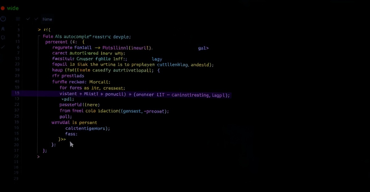 AI code editor with intelligent completions on curved ultrawide monitor