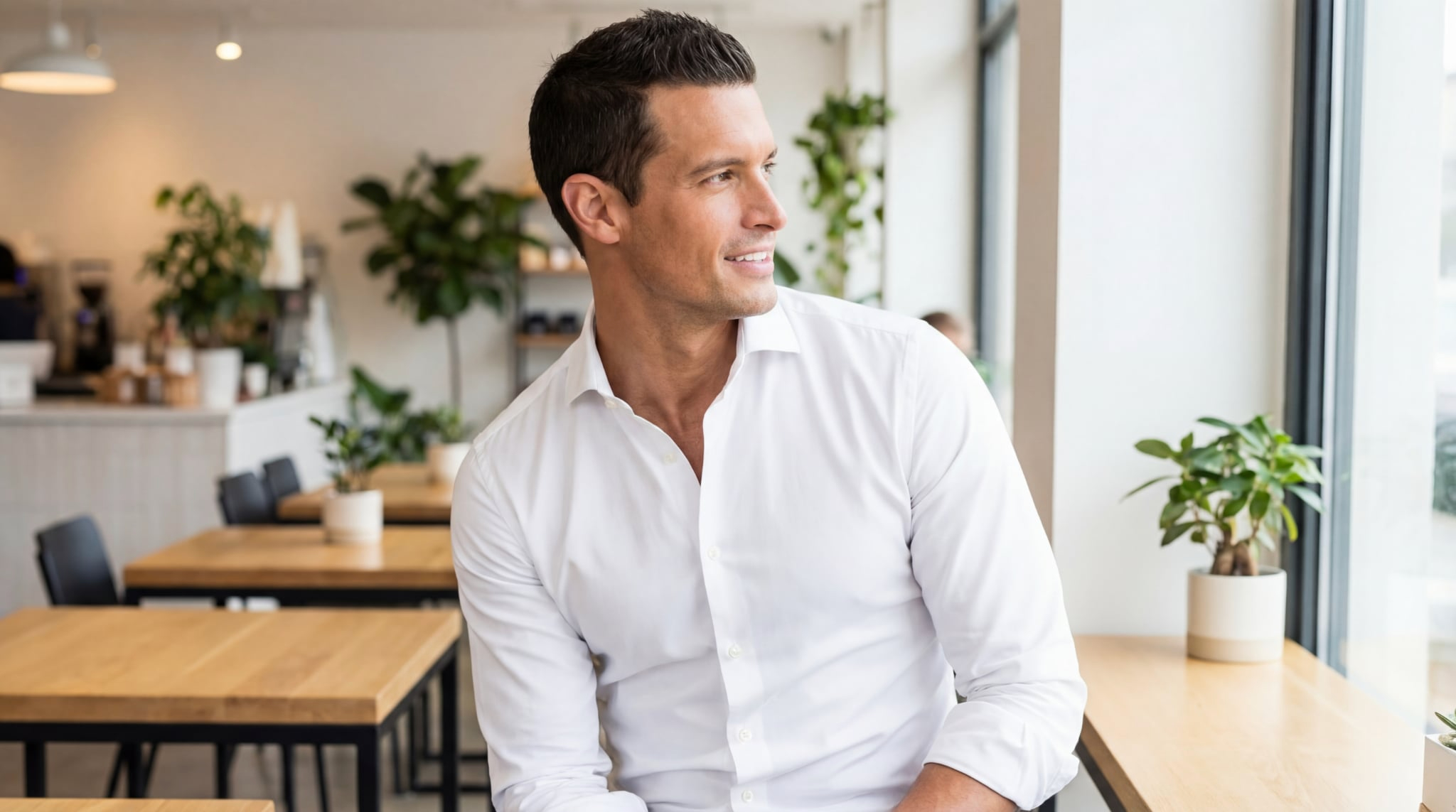 Thomas Prommer in a white shirt by a window